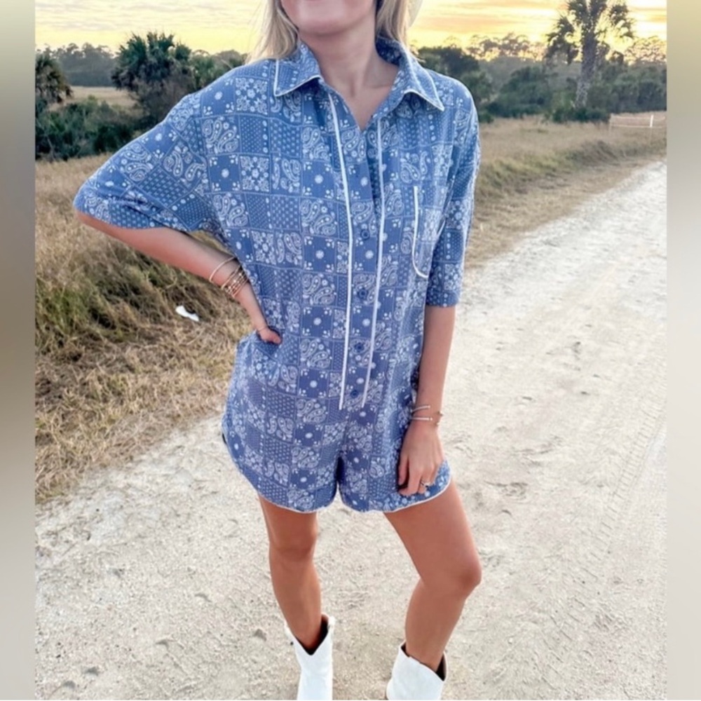 Mable Blue Bandana Print Button Romper